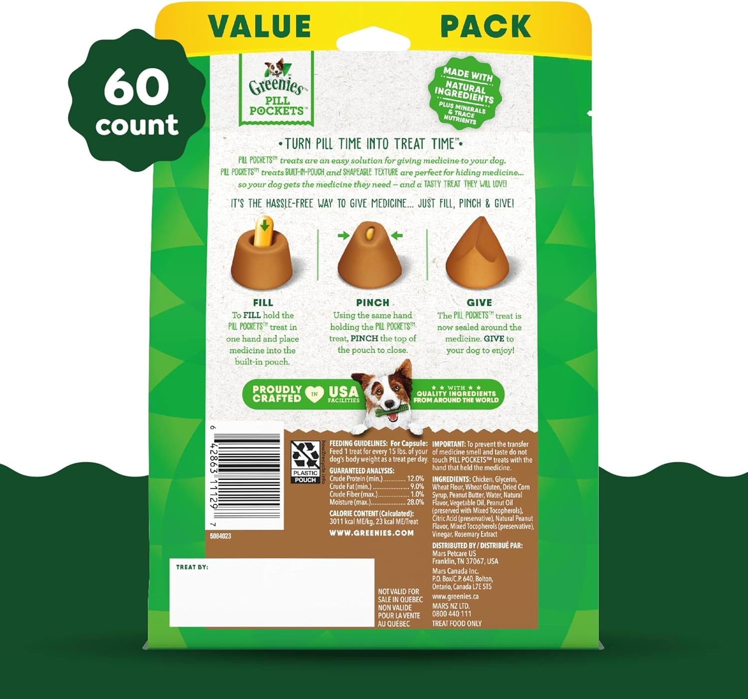Pill Pockets for Dogs Large Size, Soft Dog Treats, with Real Peanut Butter, 15.8 Oz. Pouch (60 Treats)