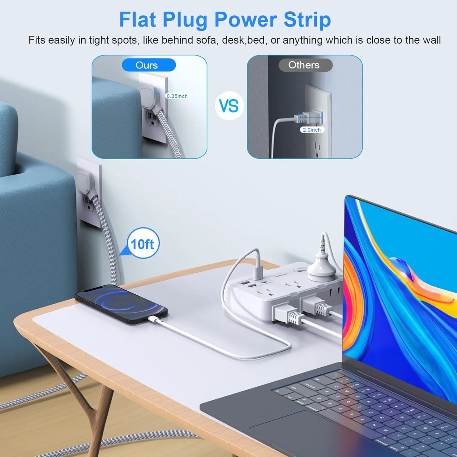 Surge Protector Power Strip 10 Ft Braided Extension Cord with 6 Outlets 4 USB Ports(2 USB C) for College Dorm Room Essentials