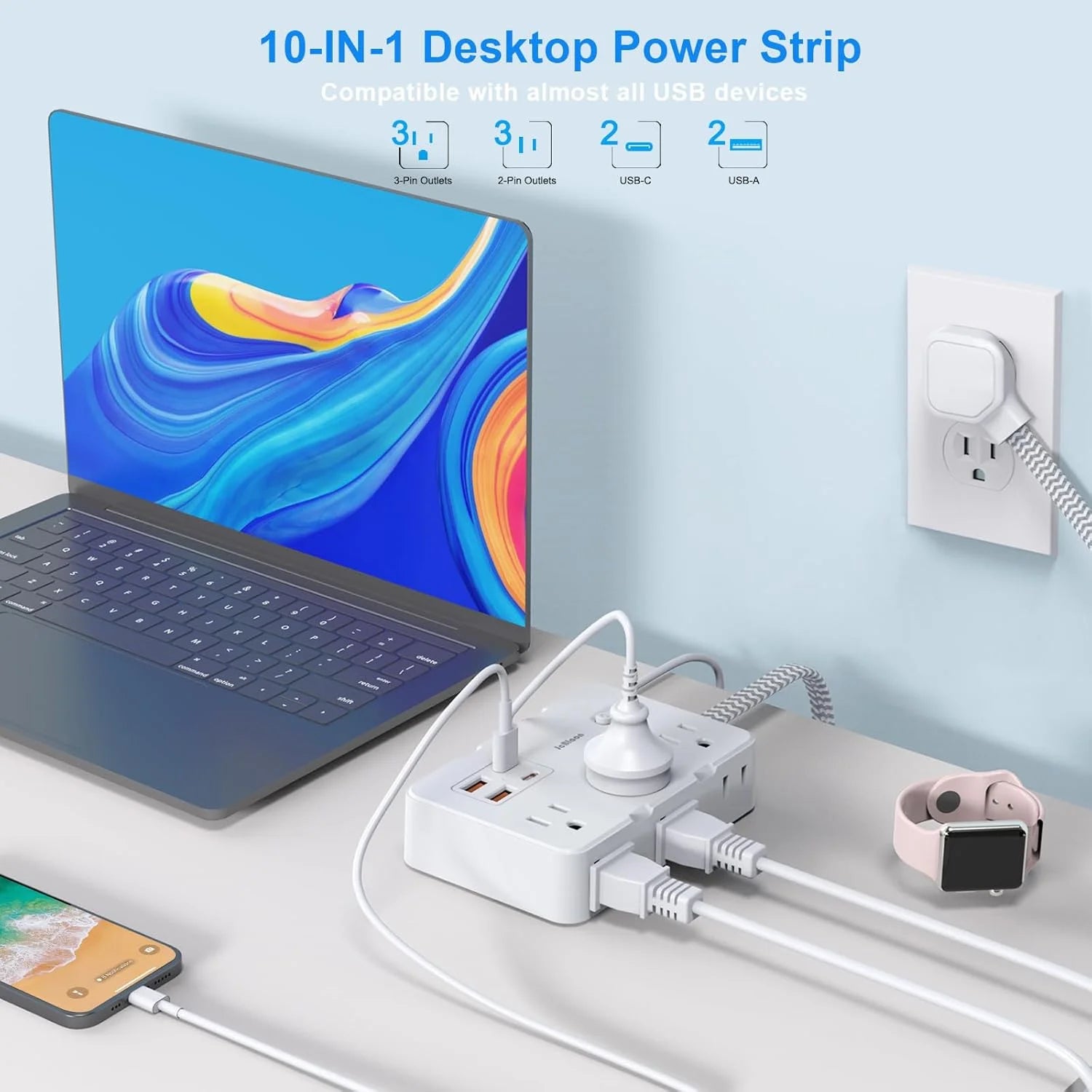 Surge Protector Power Strip 10 Ft Braided Extension Cord with 6 Outlets 4 USB Ports(2 USB C) for College Dorm Room Essentials